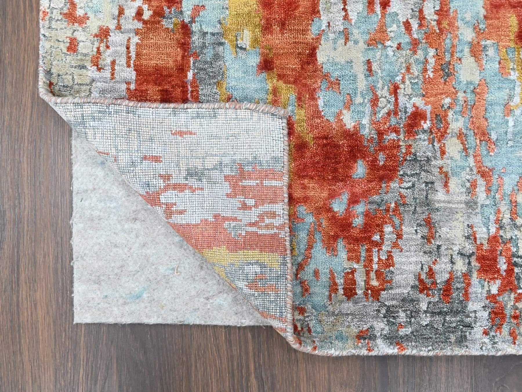 2'6"x12' Burnt Orange with Cloud Gray, Hand Knotted, Wool and Silk, Abstract with Fire Mosaic Design, Runner, Oriental Rug HR10442 - Image 3