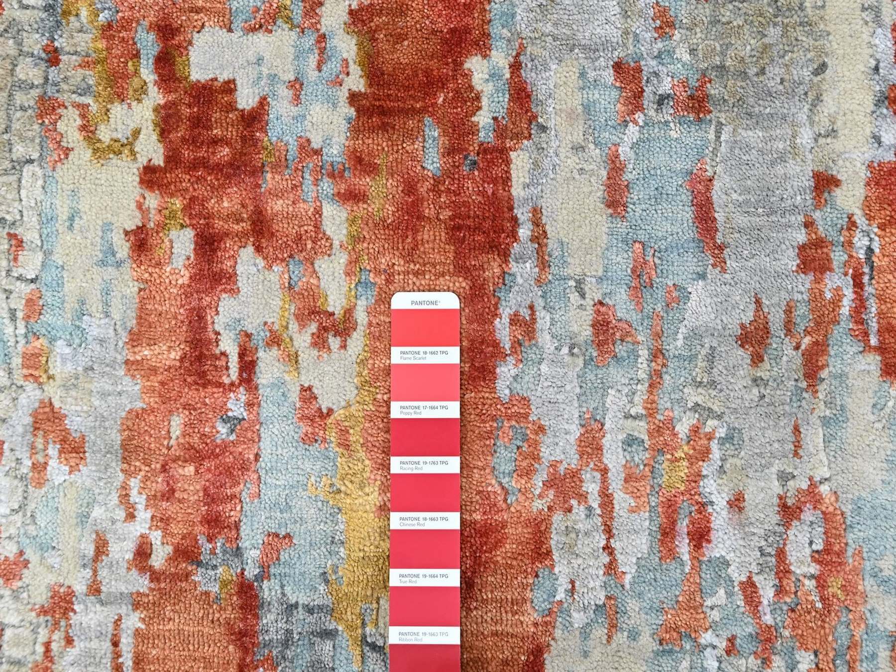 2'6"x12' Burnt Orange with Cloud Gray, Hand Knotted, Wool and Silk, Abstract with Fire Mosaic Design, Runner, Oriental Rug HR10442 - Image 4