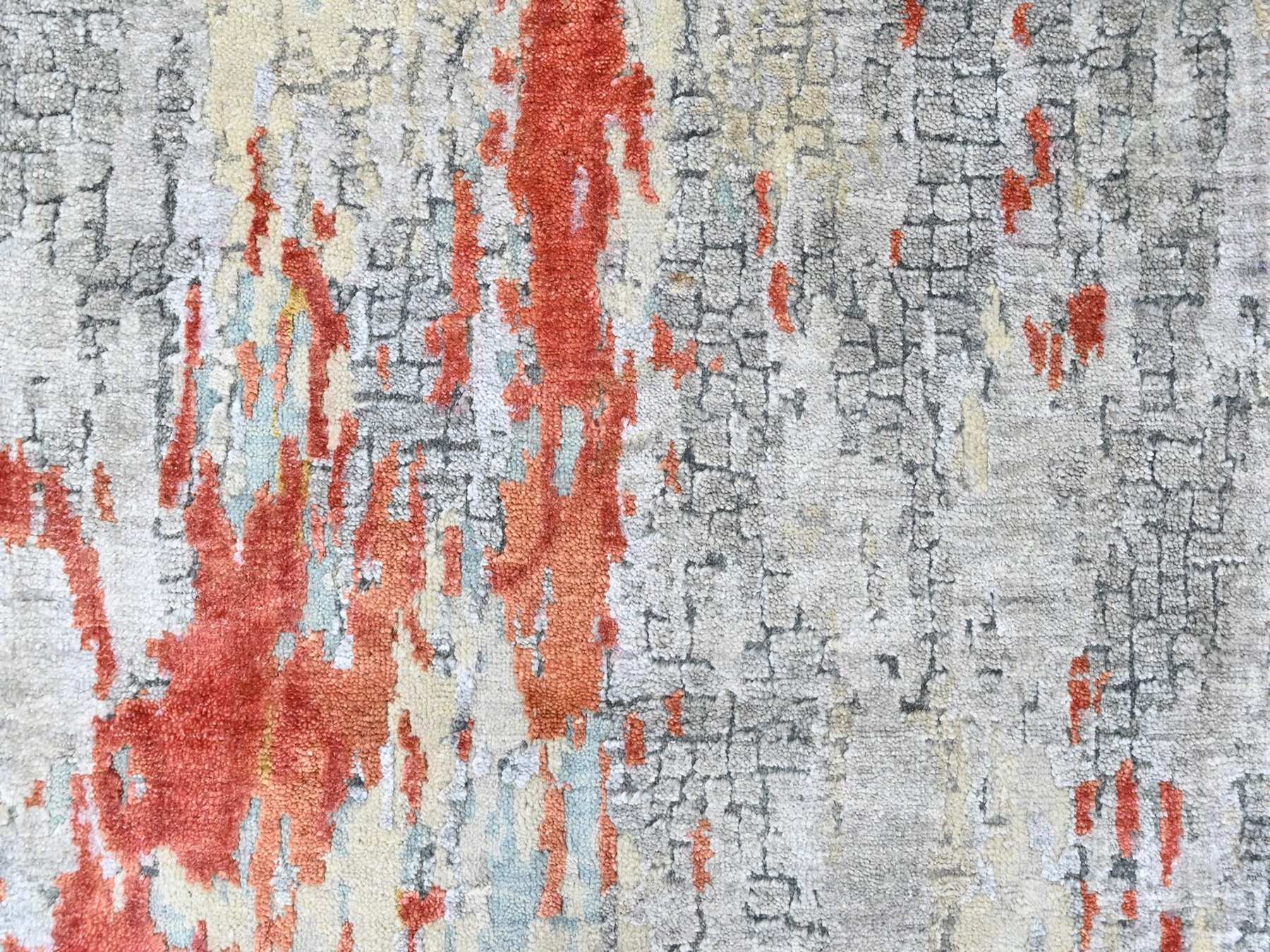 2'6"x12' Burnt Orange with Cloud Gray, Hand Knotted, Wool and Silk, Abstract with Fire Mosaic Design, Runner, Oriental Rug HR10442 - Image 5