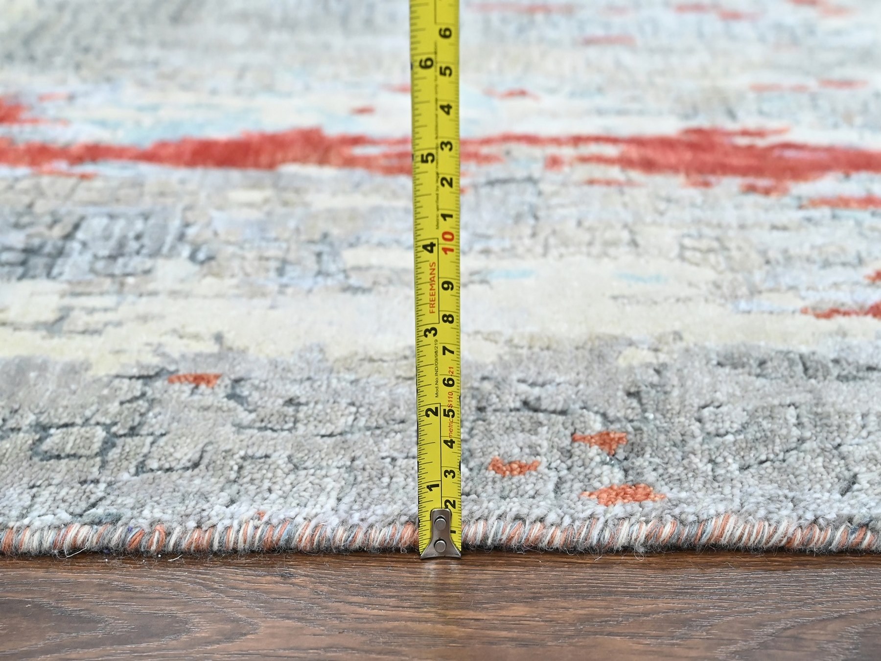 2'6"x12' Burnt Orange with Cloud Gray, Hand Knotted, Wool and Silk, Abstract with Fire Mosaic Design, Runner, Oriental Rug HR10442 - Image 7
