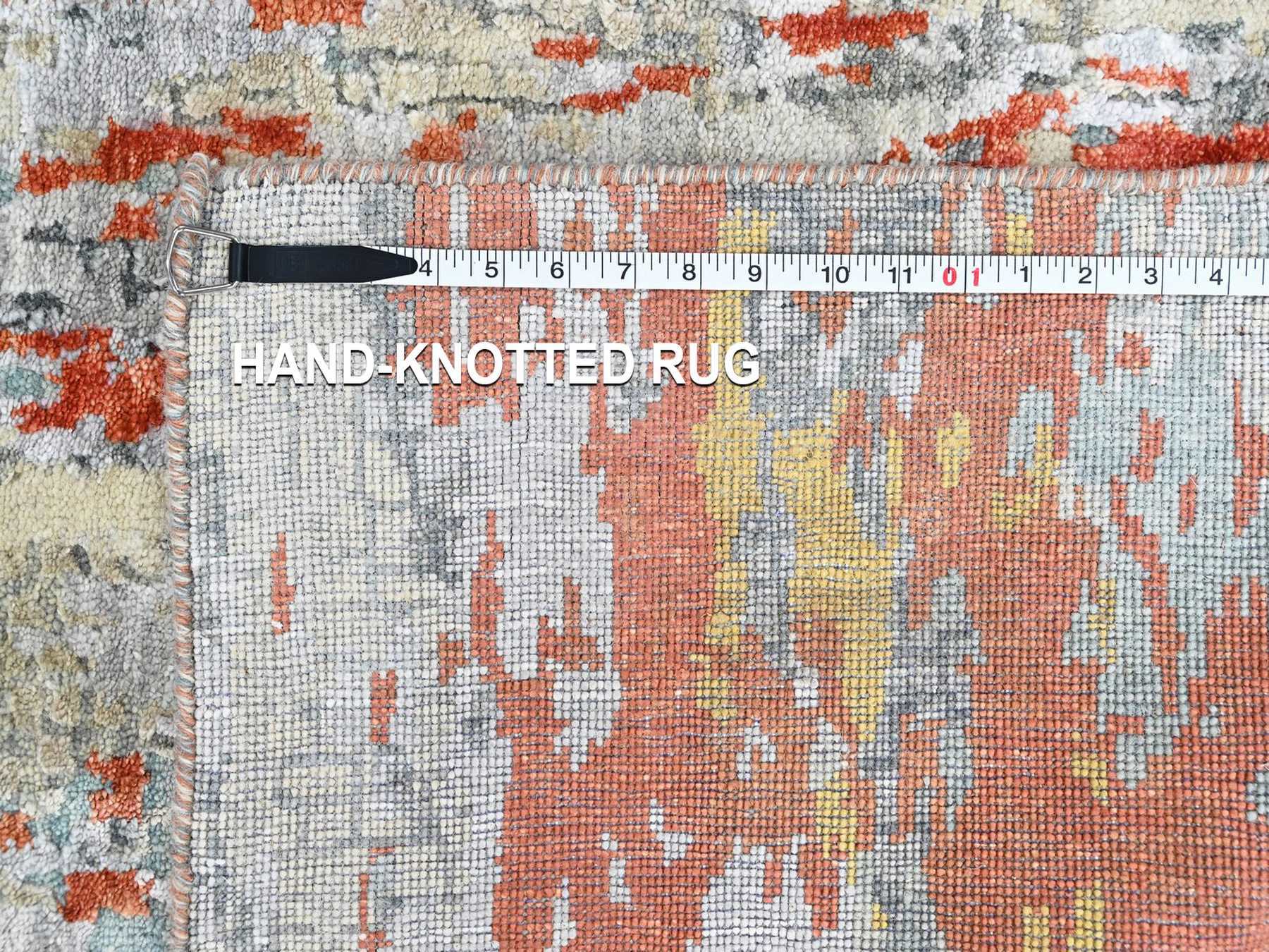 2'6"x12' Burnt Orange with Cloud Gray, Hand Knotted, Wool and Silk, Abstract with Fire Mosaic Design, Runner, Oriental Rug HR10442 - Image 8
