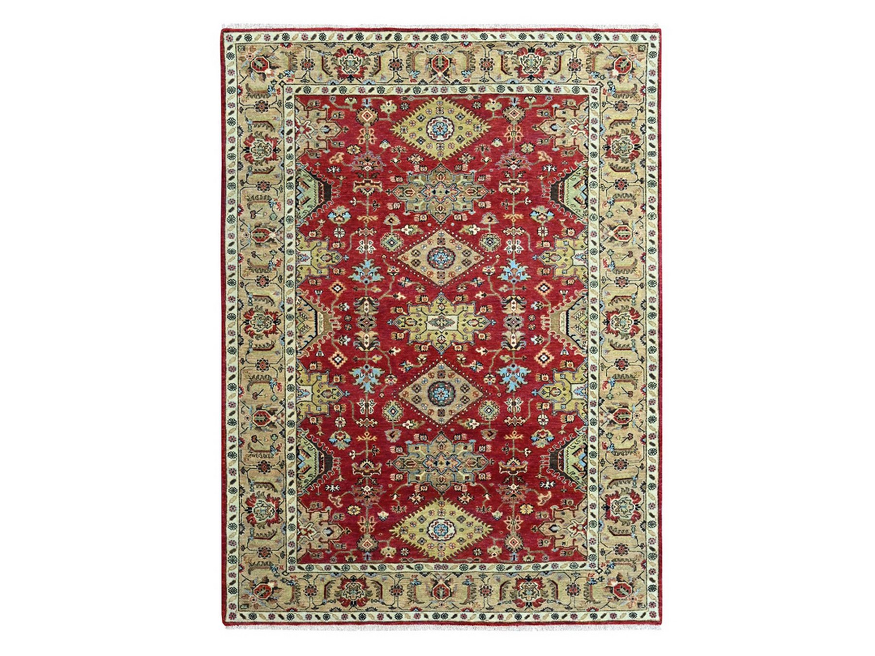 6'x9' Crimson Red, Karajeh with Geometric Medallions Design, Pure Wool, Hand Knotted, Soft Pile, Oriental Rug HR10448