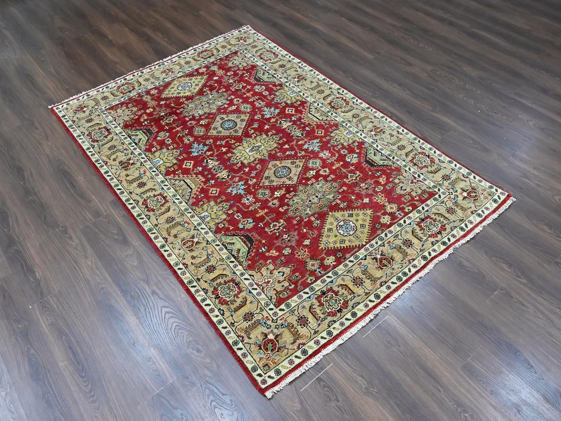 6'x9' Crimson Red, Karajeh with Geometric Medallions Design, Pure Wool, Hand Knotted, Soft Pile, Oriental Rug HR10448 - Image 2