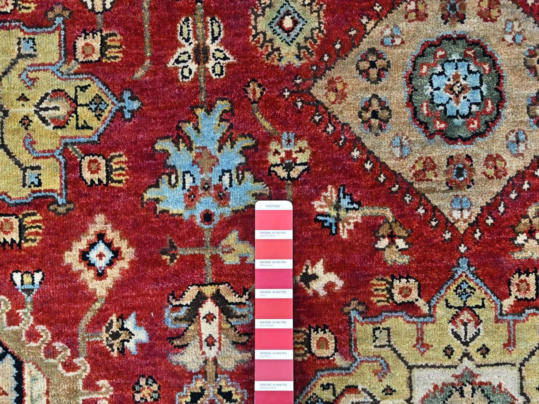6'x9' Crimson Red, Karajeh with Geometric Medallions Design, Pure Wool, Hand Knotted, Soft Pile, Oriental Rug HR10448 - Image 4
