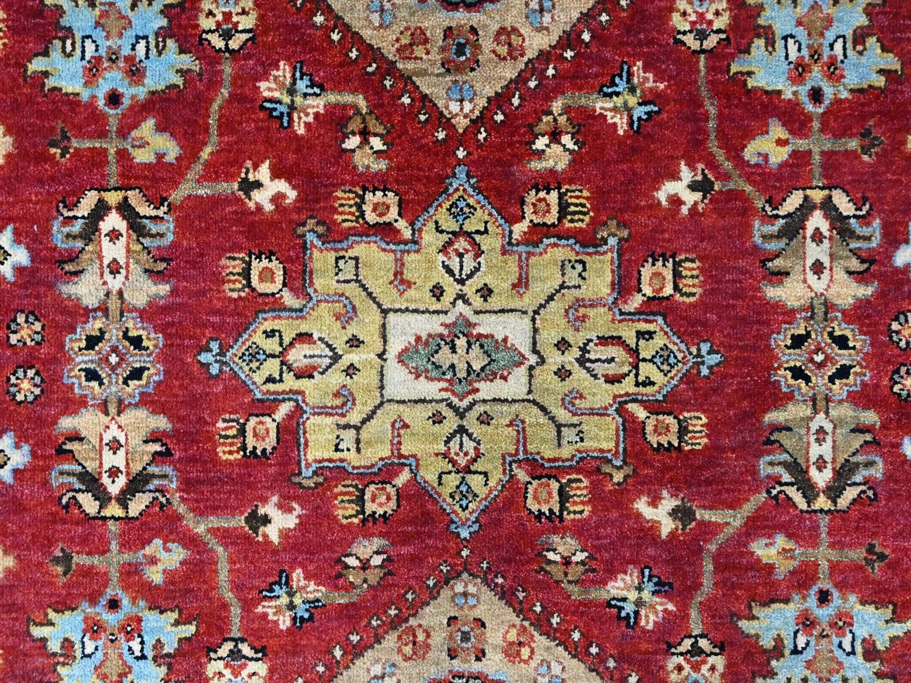 6'x9' Crimson Red, Karajeh with Geometric Medallions Design, Pure Wool, Hand Knotted, Soft Pile, Oriental Rug HR10448 - Image 5