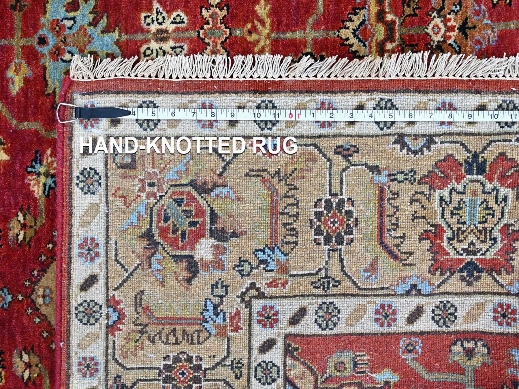 6'x9' Crimson Red, Karajeh with Geometric Medallions Design, Pure Wool, Hand Knotted, Soft Pile, Oriental Rug HR10448 - Image 8