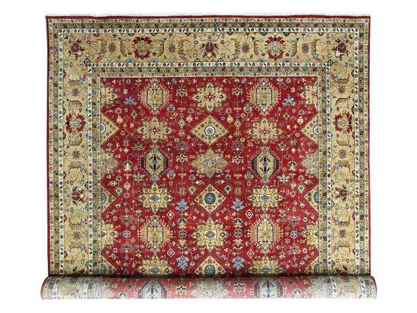 12'x14'9" Crimson Red, Hand Knotted, Karajeh with Geometric Medallions Design, Pure Wool, Oversized, XL, Oriental Rug HR10451