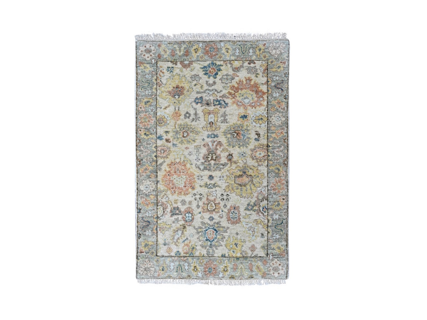 2'x3' Beige, Hand Knotted, Oushak with All Over Design, Dense Weave, Thick and Plush, Pure Wool, Mat, Sample, Oriental Rug HR10464