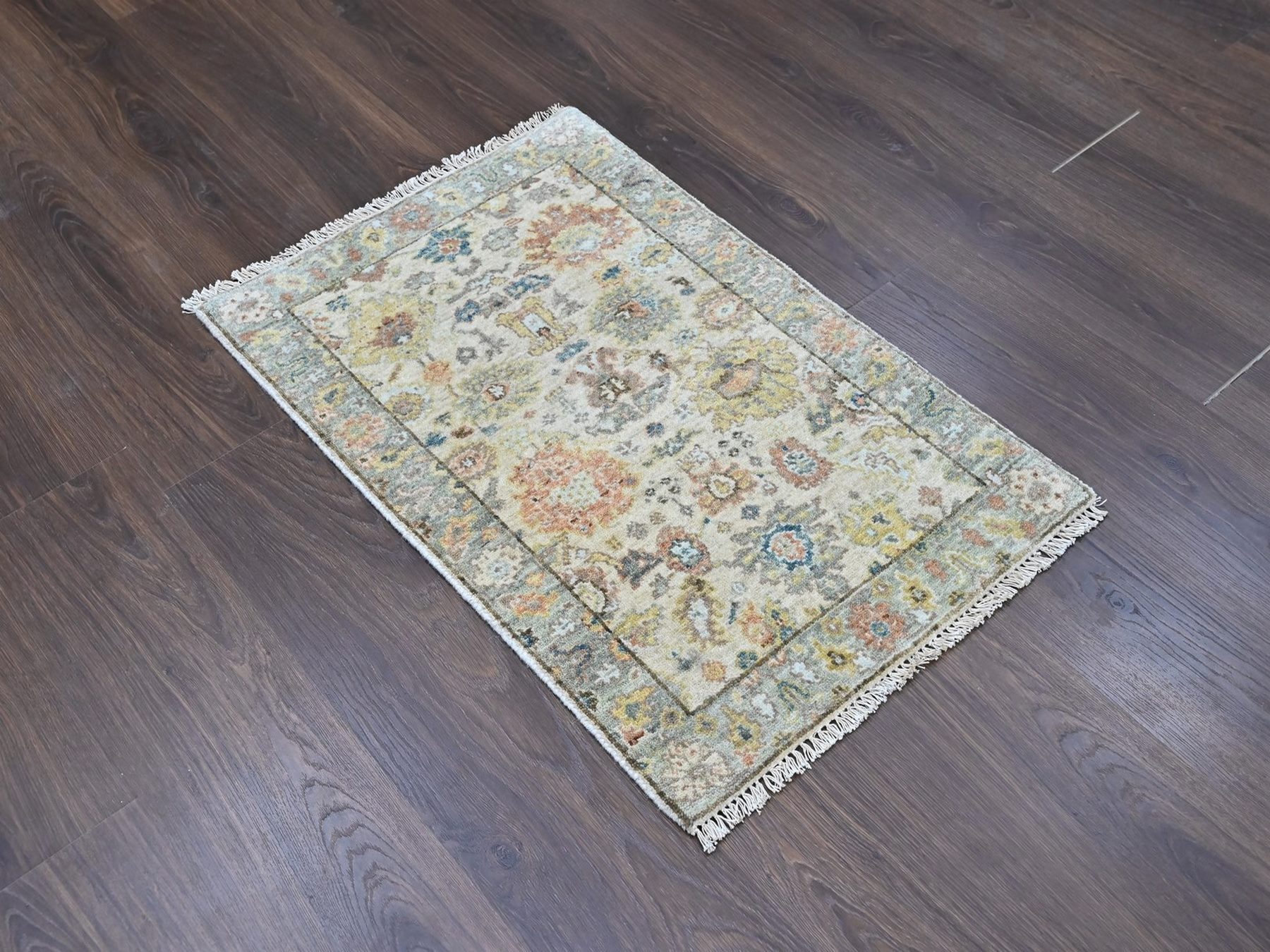 2'x3' Beige, Hand Knotted, Oushak with All Over Design, Dense Weave, Thick and Plush, Pure Wool, Mat, Sample, Oriental Rug HR10464 - Image 2