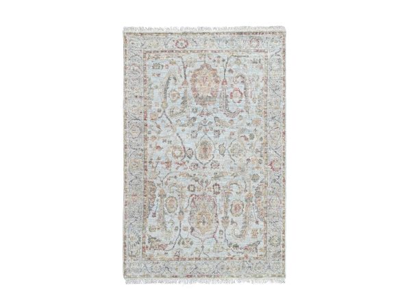 3'x5' Light Gray, Zero Pile, Distressed, Ziegler Mahal Design, Pure Wool, Hand Knotted, Oriental Rug HR10467