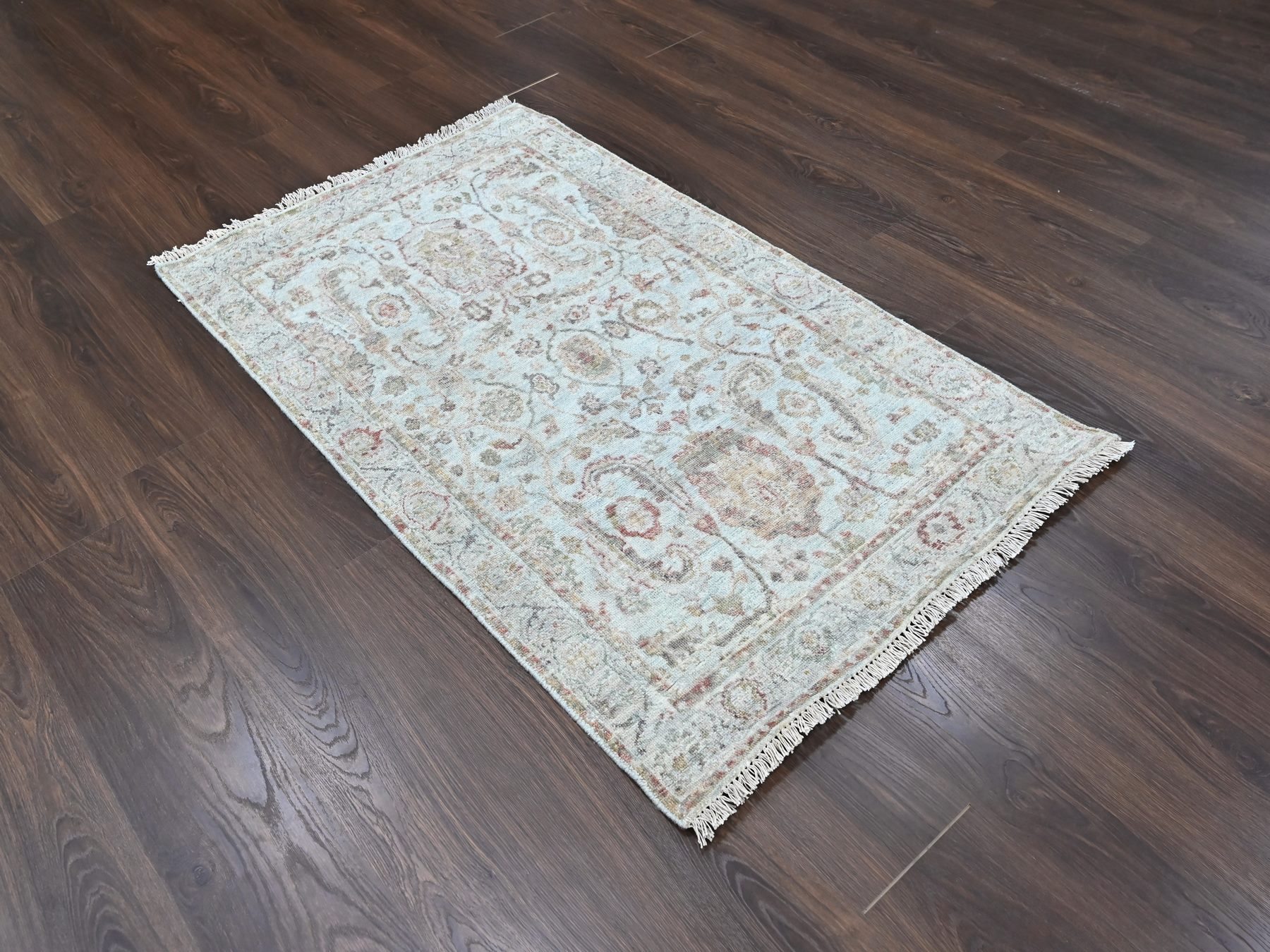 3'x5' Light Gray, Zero Pile, Distressed, Ziegler Mahal Design, Pure Wool, Hand Knotted, Oriental Rug HR10467 - Image 2