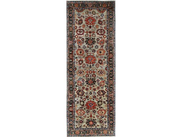 4'2"x11'9" Light Green, Heriz All Over Design, Aryana Collection, Vegetable Dyes, Hand Knotted, Soft Pile, High Mountain Wool, Densely Woven, Wide Runner, Oriental Rug HR1130