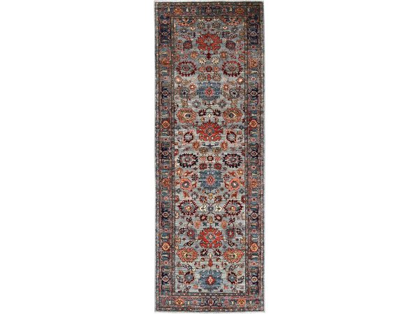 4'1"x11'9" Agate Gray, Heriz All Over Design, Aryana Collection, Vegetable Dyes, Hand Knotted, Soft Pile, High Mountain Wool, Densely Woven, Wide Runner, Oriental Rug HR1132