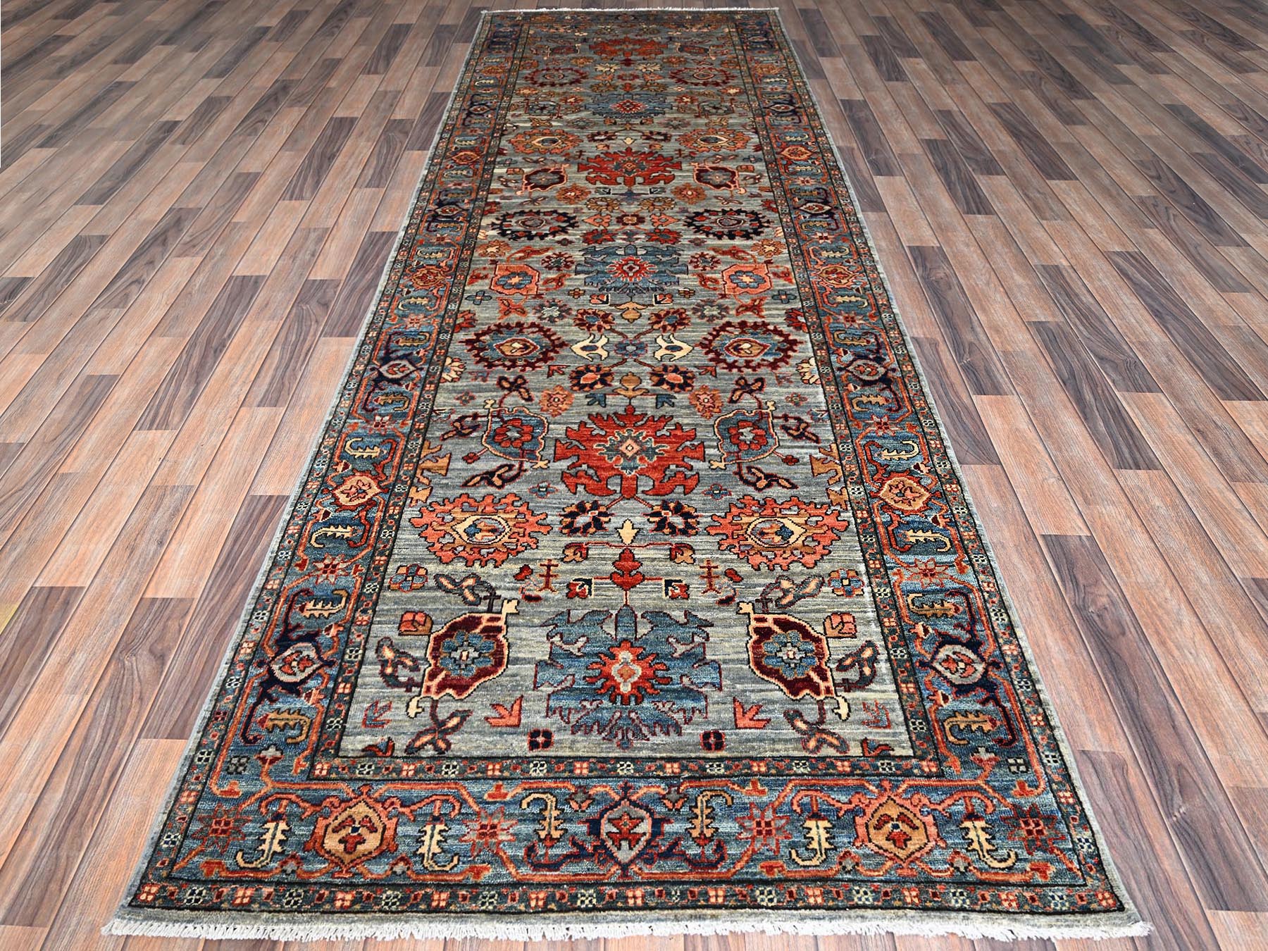 4'1"x11'9" Agate Gray, Heriz All Over Design, Aryana Collection, Vegetable Dyes, Hand Knotted, Soft Pile, High Mountain Wool, Densely Woven, Wide Runner, Oriental Rug HR1132 - Image 2