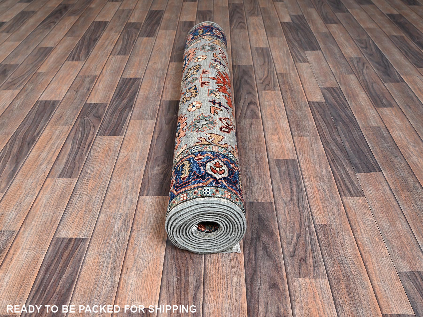 4'1"x11'9" Agate Gray, Heriz All Over Design, Aryana Collection, Vegetable Dyes, Hand Knotted, Soft Pile, High Mountain Wool, Densely Woven, Wide Runner, Oriental Rug HR1132 - Image 5