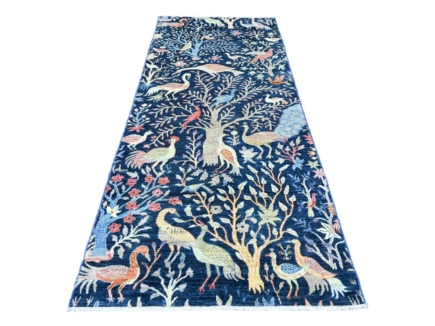 4'1"x'9'9" Yale Blue, Afghan Peshawar with Birds of Paradise Design, Soft Wool, Hand Knotted, Natural Dyes, Wide Runner, Oriental Rug HR20259