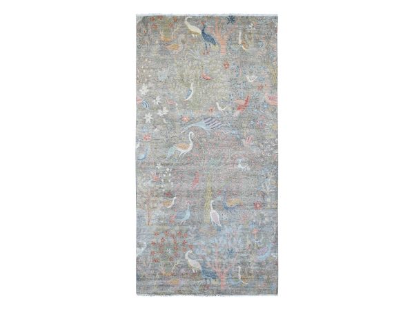 6'x12' Spanish Gray, Afghan Peshawar with Birds of Paradise Design, Hand Knotted, Soft Wool, Veggie Dyes, Gallery Size, Wide Runner, Oriental Rug HR20890