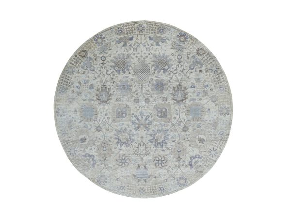 10'x10' Round Ivory Silk With Textured Wool Tabriz Hand Knotted Oriental Rug HR58165