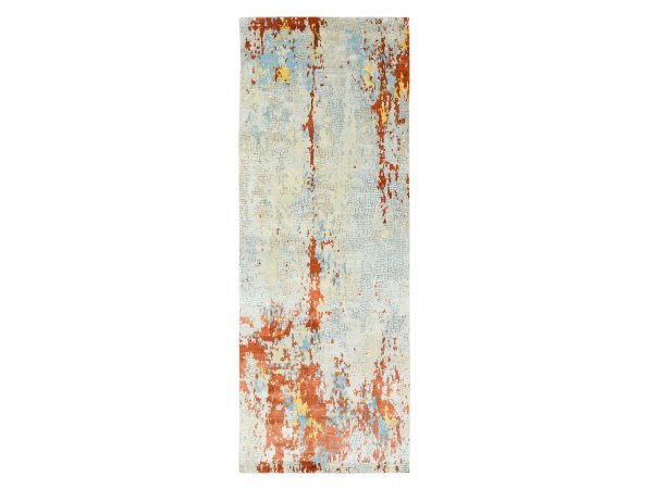 4'1"x12' Wool and Silk Abstract with Fire Mosaic Hand Knotted Runner Persian Knot Oriental Rug HR62158