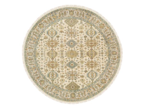 8'10"x8'10" Ivory, Hand Knotted with Soft Colors, Karajeh Design, Soft Pure Wool, Oriental Round Rug HR63631