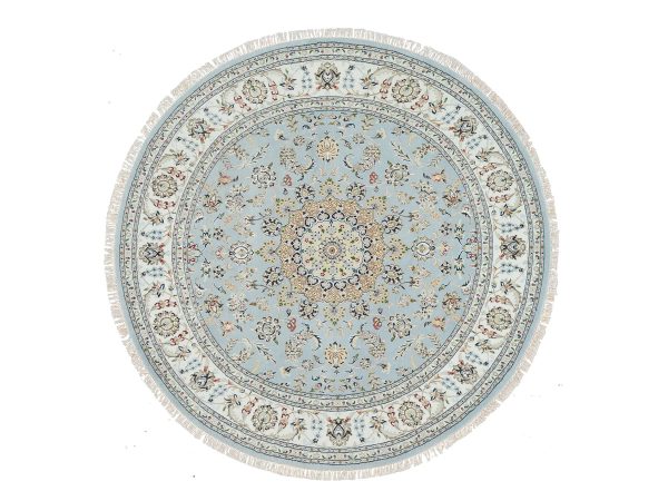 7'10"x7'10" Light Blue, 250 KPSI Extra Soft Wool, Hand Knotted Nain with Center Medallion Flower Design, Round Oriental Rug HR65330