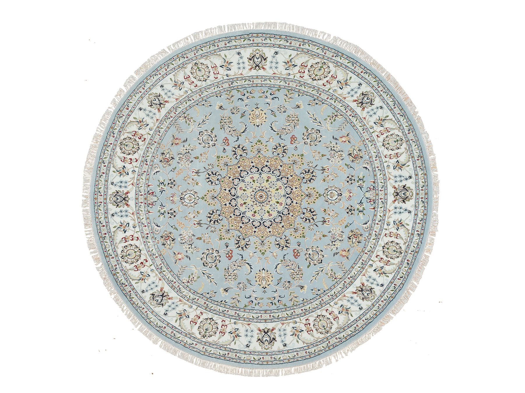 7'10"x7'10" Light Blue, 250 KPSI Extra Soft Wool, Hand Knotted Nain with Center Medallion Flower Design, Round Oriental Rug HR65330