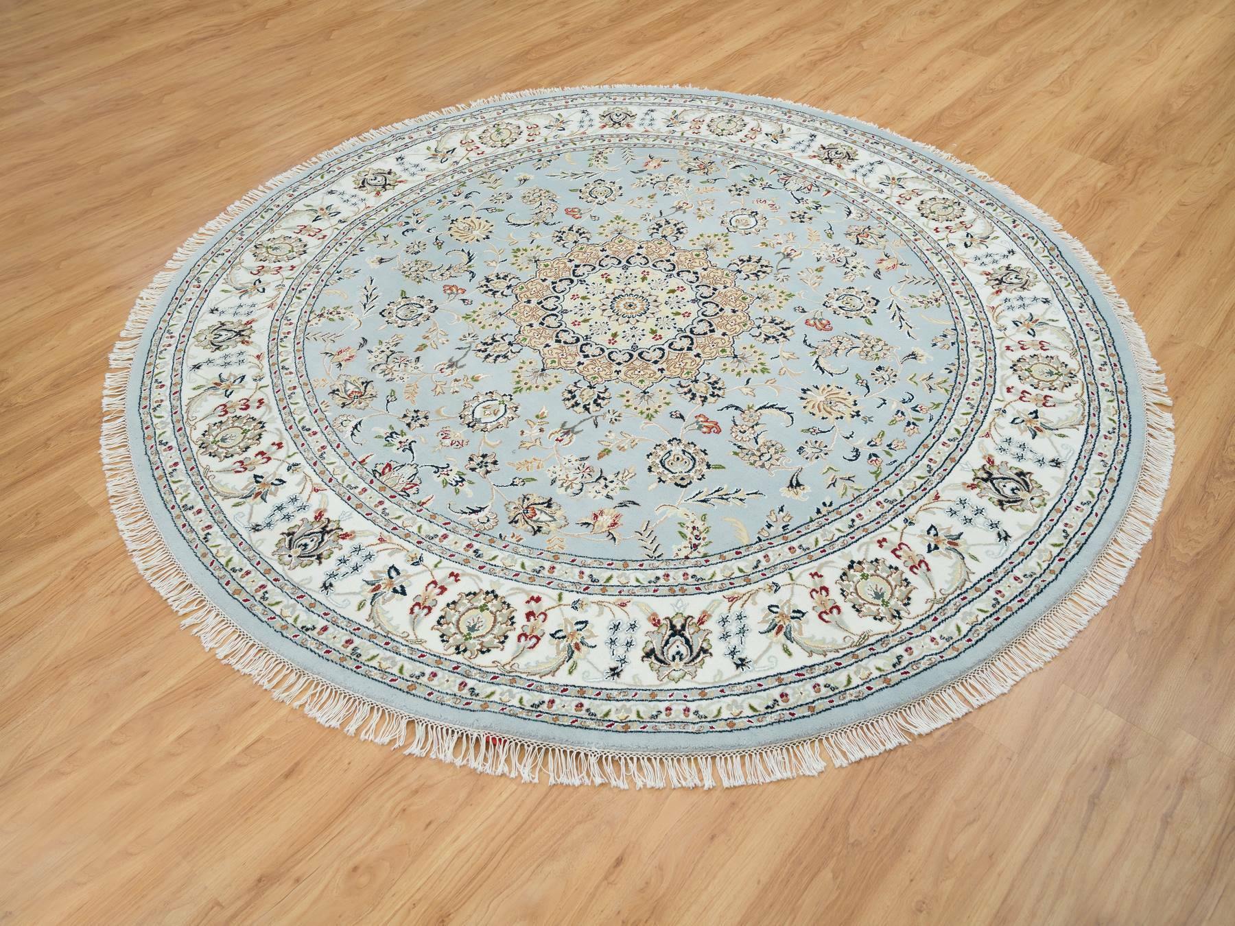 7'10"x7'10" Light Blue, 250 KPSI Extra Soft Wool, Hand Knotted Nain with Center Medallion Flower Design, Round Oriental Rug HR65330 - Image 3