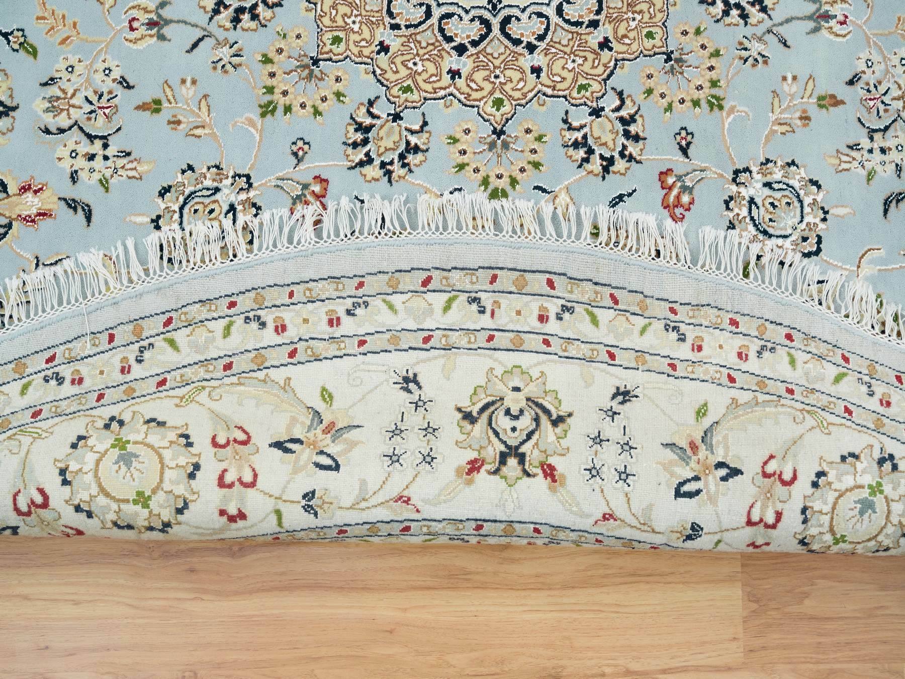 7'10"x7'10" Light Blue, 250 KPSI Extra Soft Wool, Hand Knotted Nain with Center Medallion Flower Design, Round Oriental Rug HR65330 - Image 4