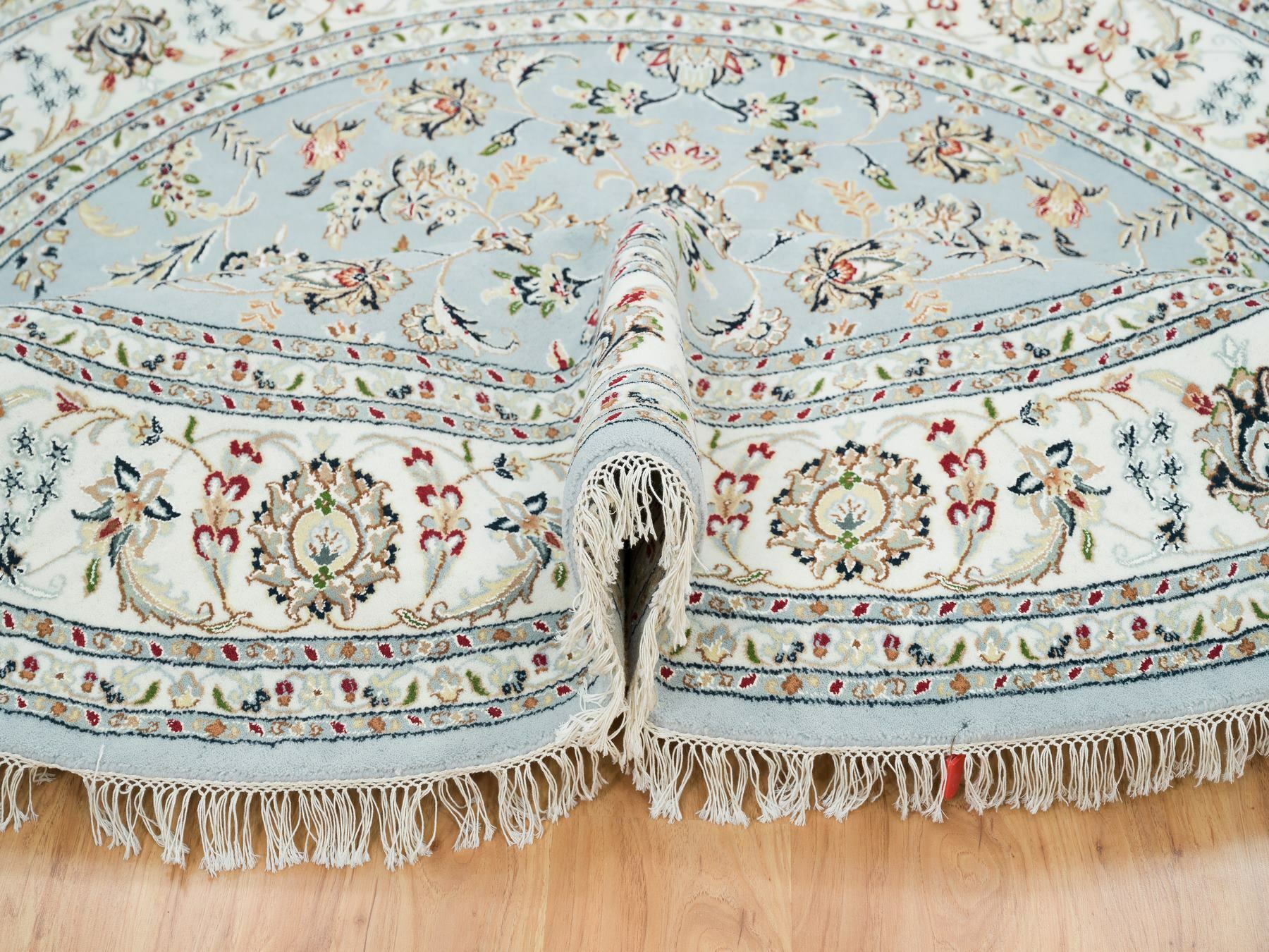 7'10"x7'10" Light Blue, 250 KPSI Extra Soft Wool, Hand Knotted Nain with Center Medallion Flower Design, Round Oriental Rug HR65330 - Image 5