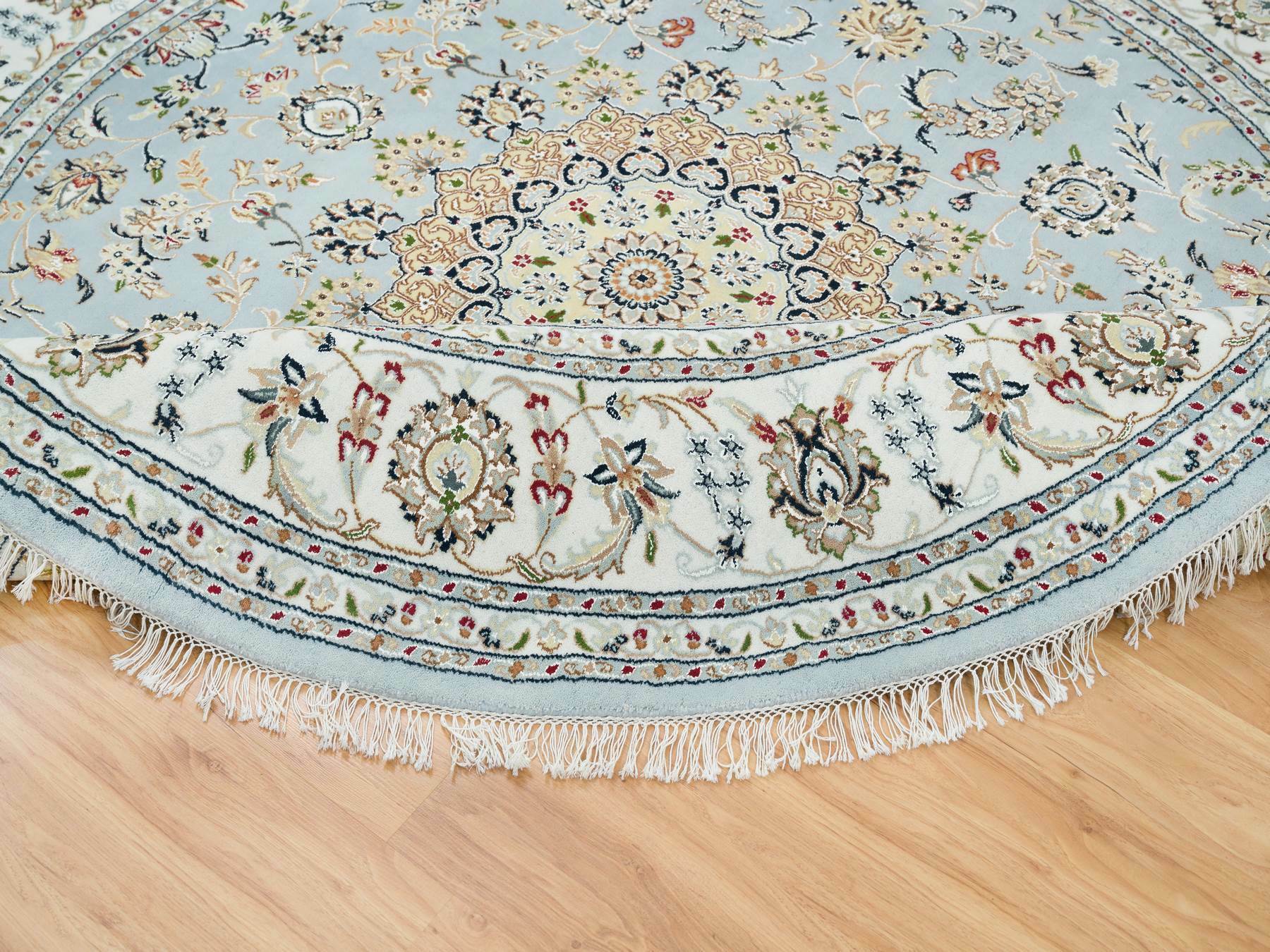 7'10"x7'10" Light Blue, 250 KPSI Extra Soft Wool, Hand Knotted Nain with Center Medallion Flower Design, Round Oriental Rug HR65330 - Image 6