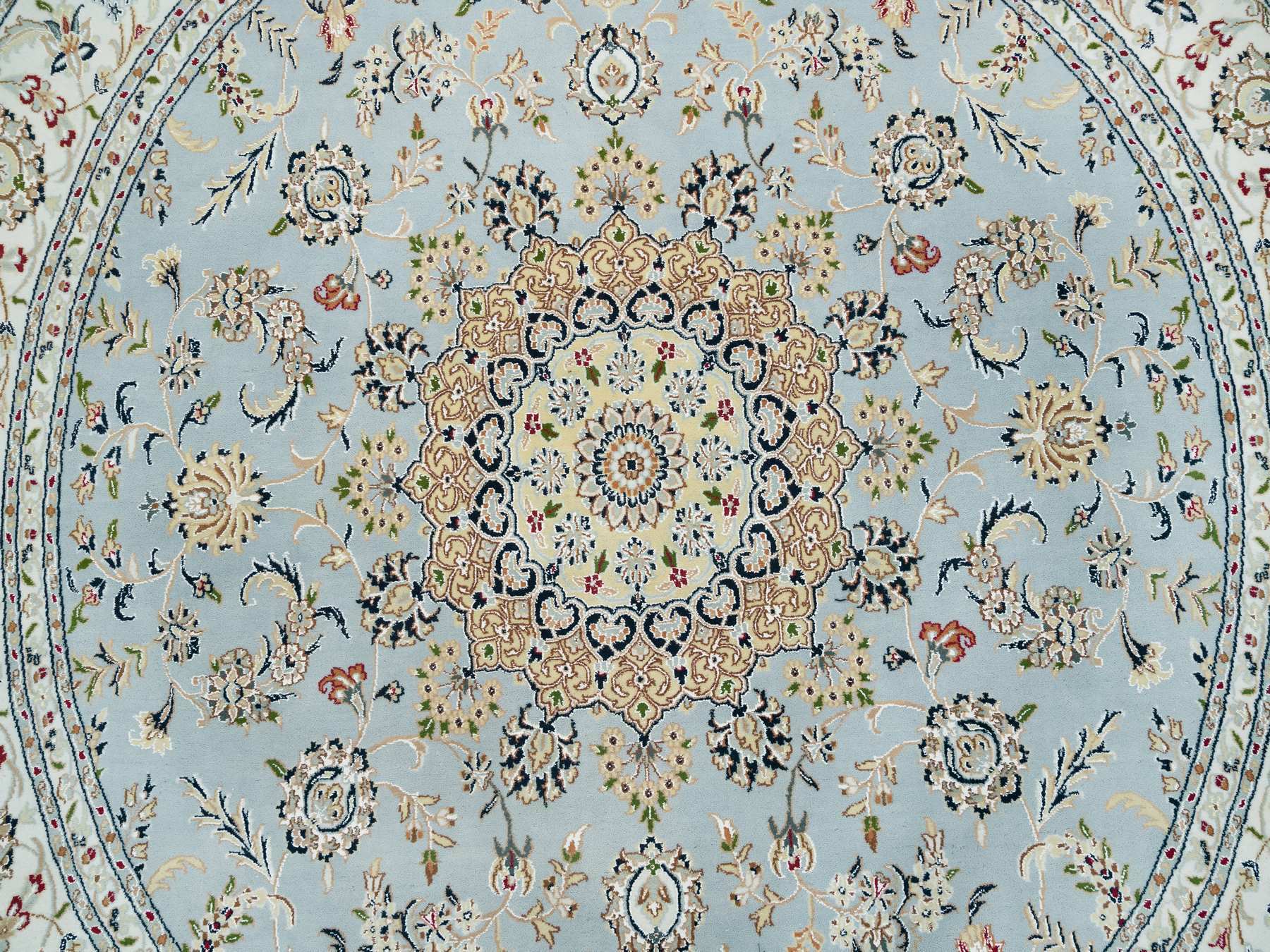 7'10"x7'10" Light Blue, 250 KPSI Extra Soft Wool, Hand Knotted Nain with Center Medallion Flower Design, Round Oriental Rug HR65330 - Image 8