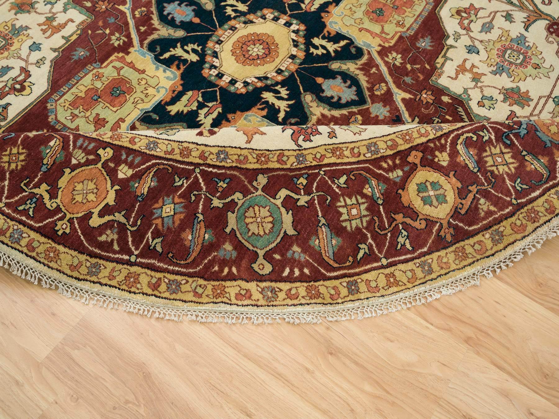 10'x10' Ivory, Antiqued Fine Heriz, Re-Creation, Hand Knotted, 100% Wool, Round Oriental Rug HR65517 - Image 6