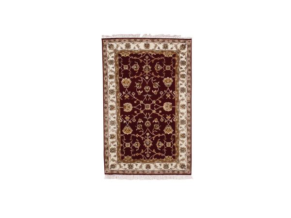 3'x5' Burgundy Red, Thick and Plush, Wool and Silk, Hand Knotted, Rajasthan, All Over Leaf Design, Oriental Rug HR75049