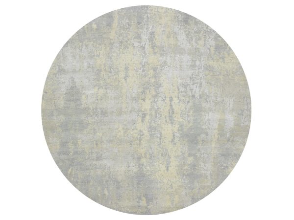 11'10"x11'10" Light Gray, Modern Abstract Design with Soft Colors, Wool and Pure Silk, Hand Knotted, Round, Oriental Rug HR75675