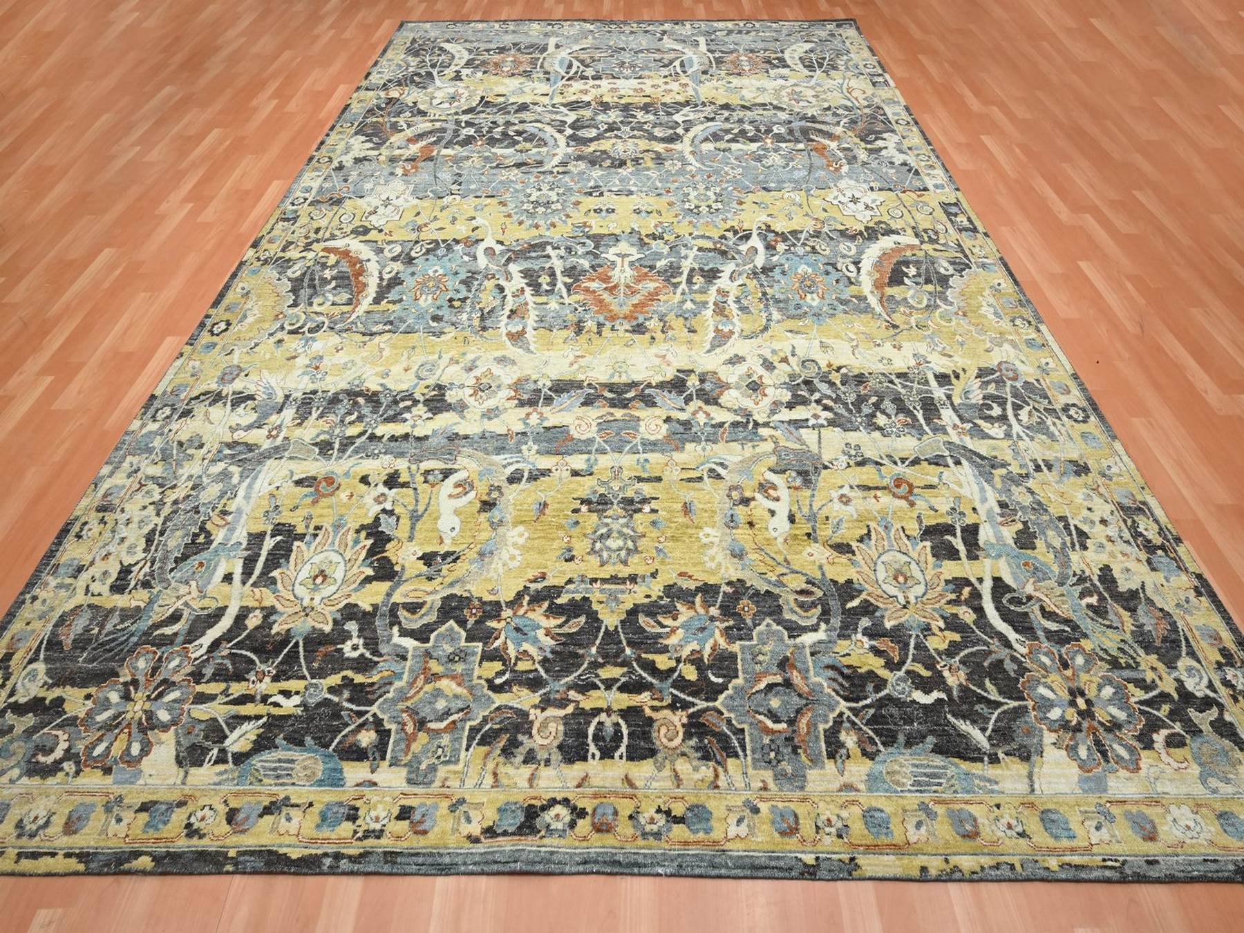 9'10"x14'6" Coffee Brown, Distinct Abrash, Broken and Erased Persian Inspired with Birds Design, Hand Knotted, Distinct Abrash, Shaved Low, Pure Wool, Oriental Rug HR75828 - Image 2