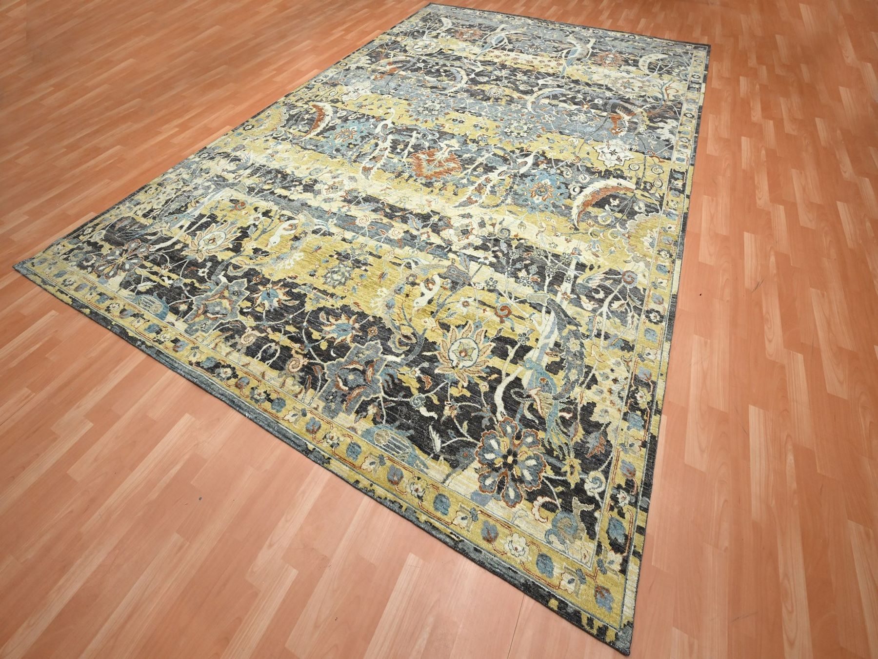 9'10"x14'6" Coffee Brown, Distinct Abrash, Broken and Erased Persian Inspired with Birds Design, Hand Knotted, Distinct Abrash, Shaved Low, Pure Wool, Oriental Rug HR75828 - Image 3