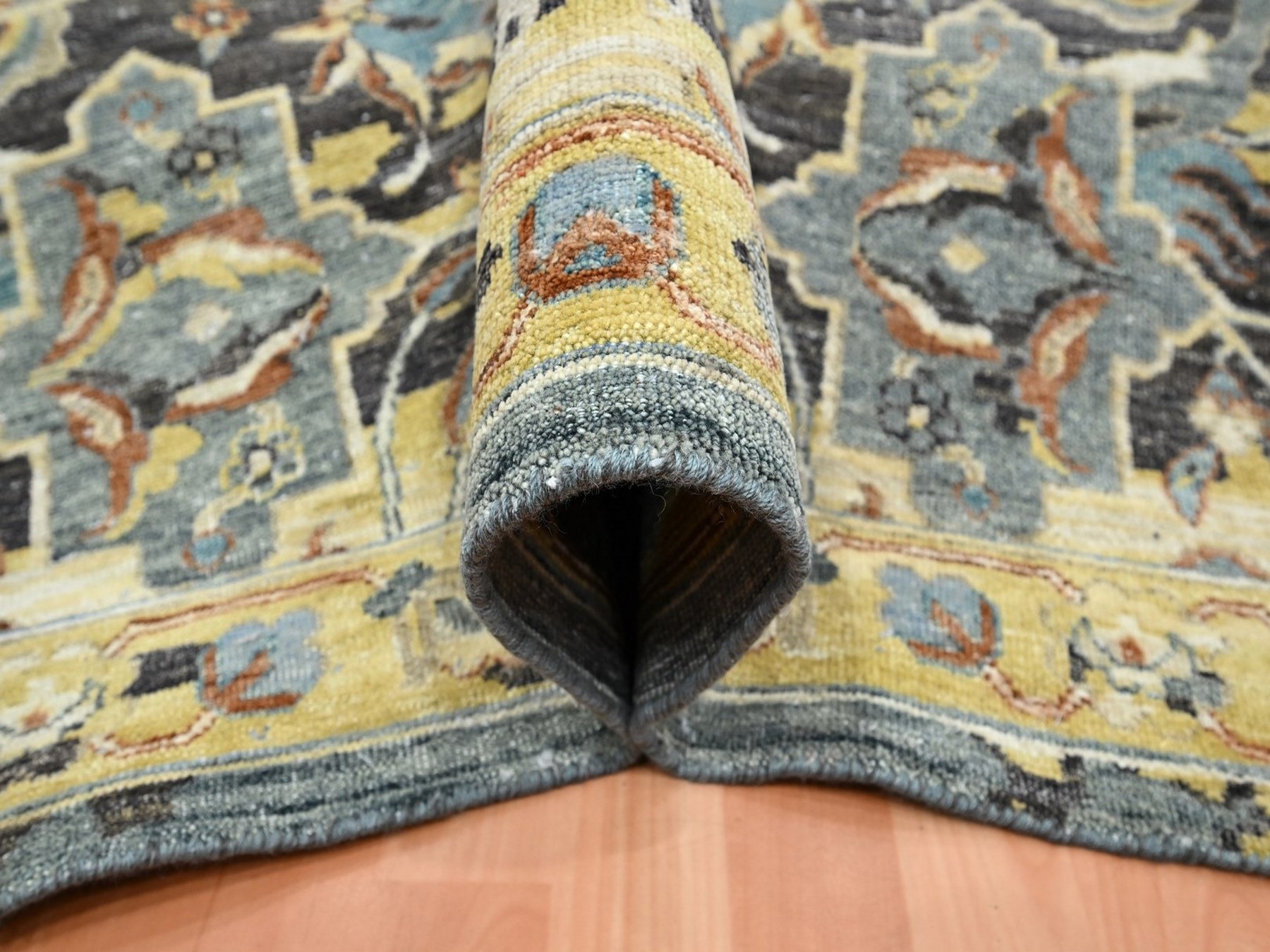 9'10"x14'6" Coffee Brown, Distinct Abrash, Broken and Erased Persian Inspired with Birds Design, Hand Knotted, Distinct Abrash, Shaved Low, Pure Wool, Oriental Rug HR75828 - Image 5
