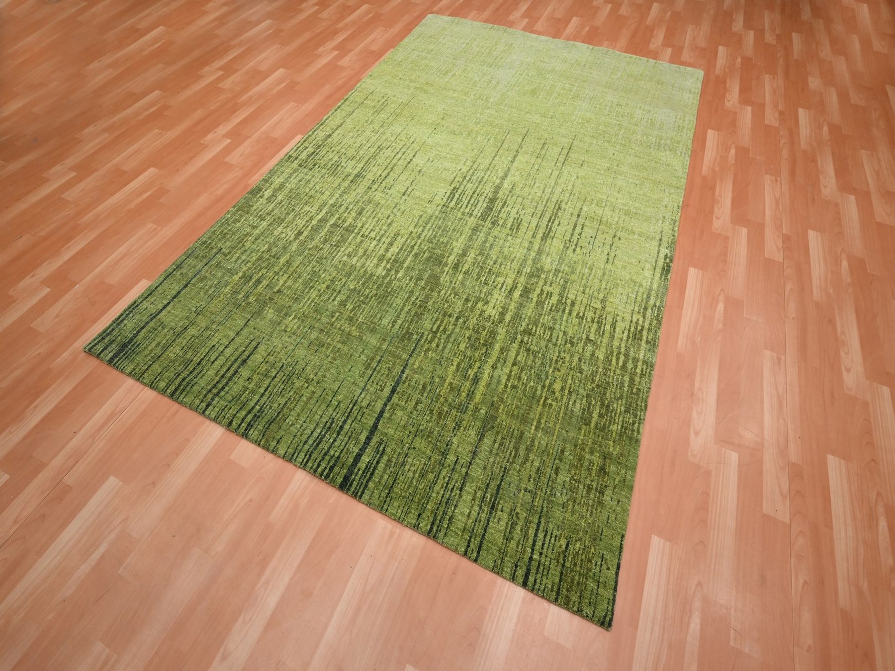 6'x9'5" Pickle Green, Vertical Ombre Design, Hand Knotted, Soft and Vibrant Wool, Densely Woven, Oriental Rug HR75836 - Image 3