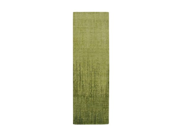 2'8"x8'5" Pickle Green, Hand Knotted, Soft and Vibrant Wool, Vertical Ombre Design, Densely Woven, Runner, Oriental Rug HR75840