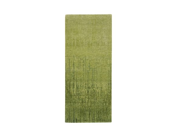 2'7"x6'1" Pickle Green, Hand Knotted, Soft and Vibrant Wool, Vertical Ombre Design, Densely Woven, Runner, Oriental Rug HR75842