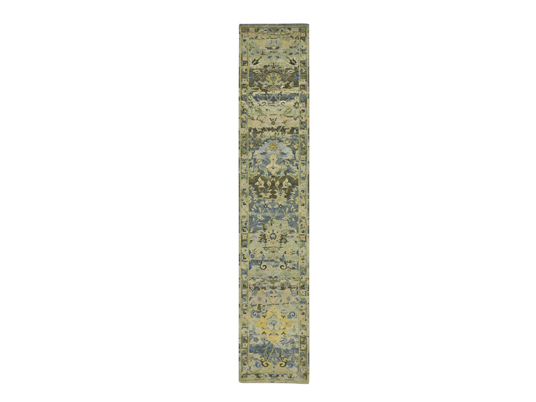 2'7"x13'9" Shades of Green, Hand Knotted, Broken and Erased Persian Inspired with Birds Design, Distinct Abrash, Shaved Low, Pure Wool, Runner, Oriental Rug HR75844