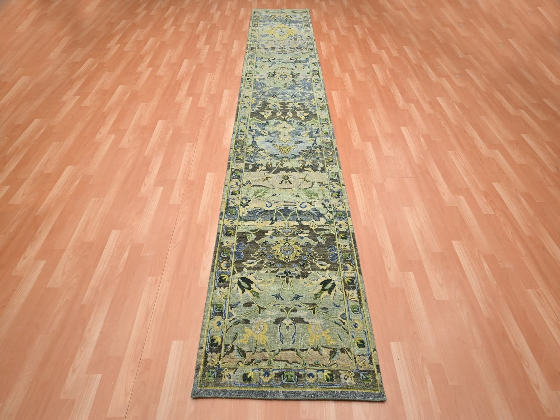 2'7"x13'9" Shades of Green, Hand Knotted, Broken and Erased Persian Inspired with Birds Design, Distinct Abrash, Shaved Low, Pure Wool, Runner, Oriental Rug HR75844 - Image 2