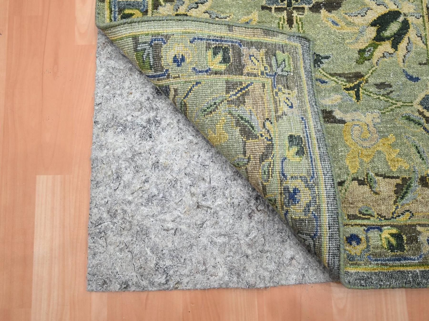 2'7"x13'9" Shades of Green, Hand Knotted, Broken and Erased Persian Inspired with Birds Design, Distinct Abrash, Shaved Low, Pure Wool, Runner, Oriental Rug HR75844 - Image 3