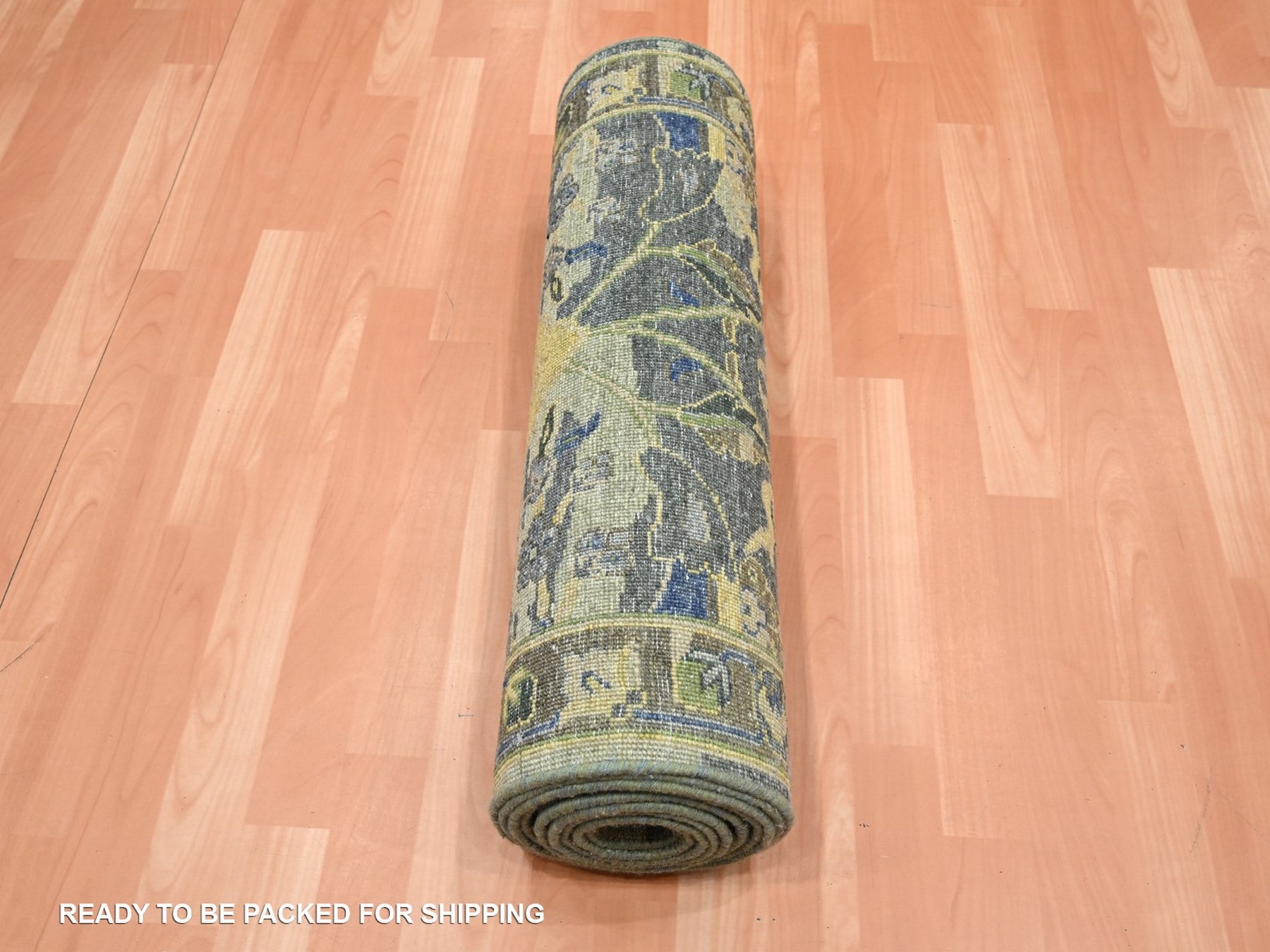 2'7"x13'9" Shades of Green, Hand Knotted, Broken and Erased Persian Inspired with Birds Design, Distinct Abrash, Shaved Low, Pure Wool, Runner, Oriental Rug HR75844 - Image 5