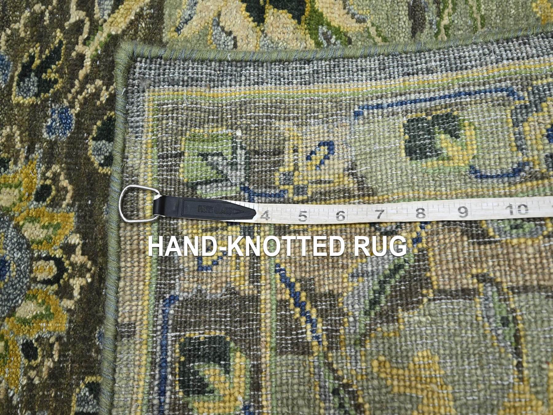 2'7"x13'9" Shades of Green, Hand Knotted, Broken and Erased Persian Inspired with Birds Design, Distinct Abrash, Shaved Low, Pure Wool, Runner, Oriental Rug HR75844 - Image 7