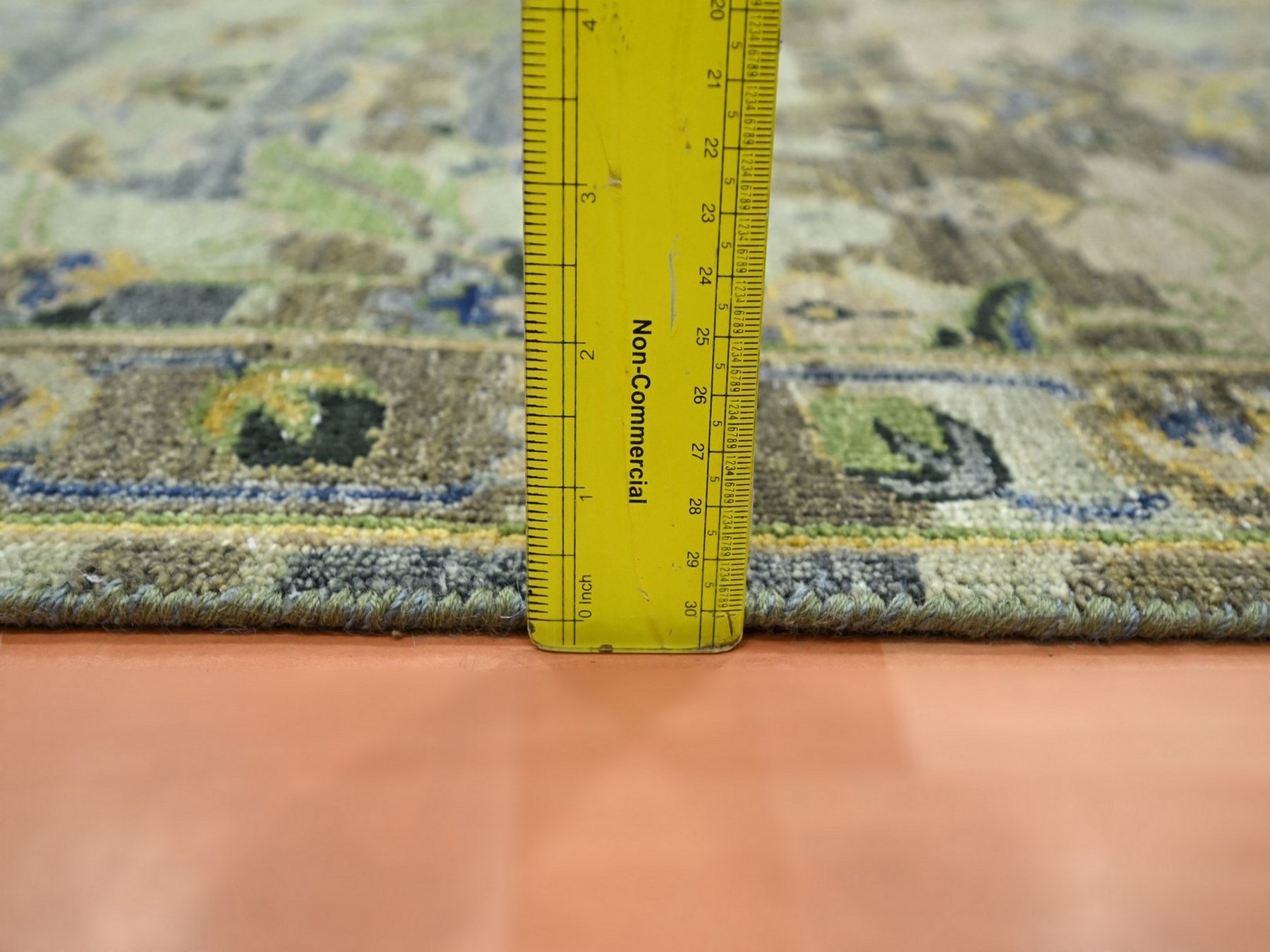 2'8"x16'3" Shades of Green, Hand Knotted, Broken and Erased Persian Inspired with Birds Design, Distinct Abrash, Shaved Low, Pure Wool, XL Runner, Oriental Rug HR75846 - Image 6