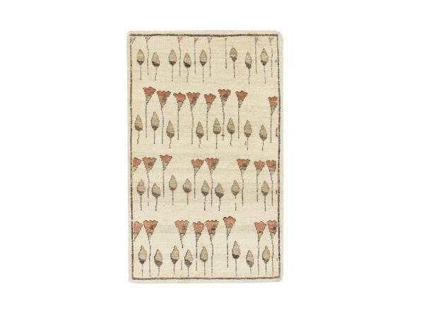 2'1"X3'6" Tan Color, 100% Wool, Hand Knotted, Acorns and Brown Flowers Repetitive Design, Mat, Sample, Oriental Rug HR75854