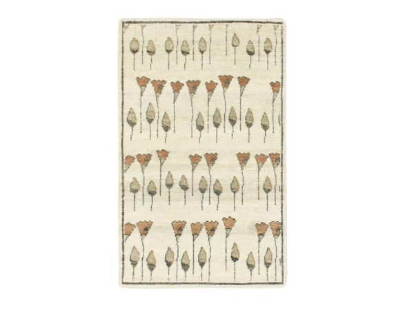 2'2"x3'5" Tan Color, Acorns and Brown Flowers Repetitive Design, Hand Knotted, 100% Wool, Mat, Sample, Oriental Rug HR75855
