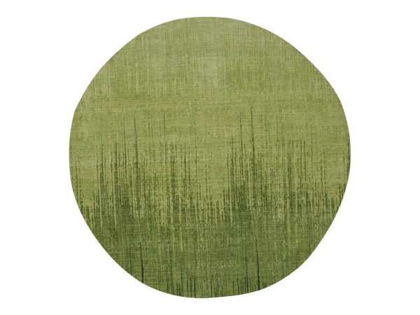 12'1"x12'1" Pickle Green, Vertical Ombre Design, Hand Knotted, Soft and Vibrant Wool, Densely Woven, Round, Oriental Rug HR75856