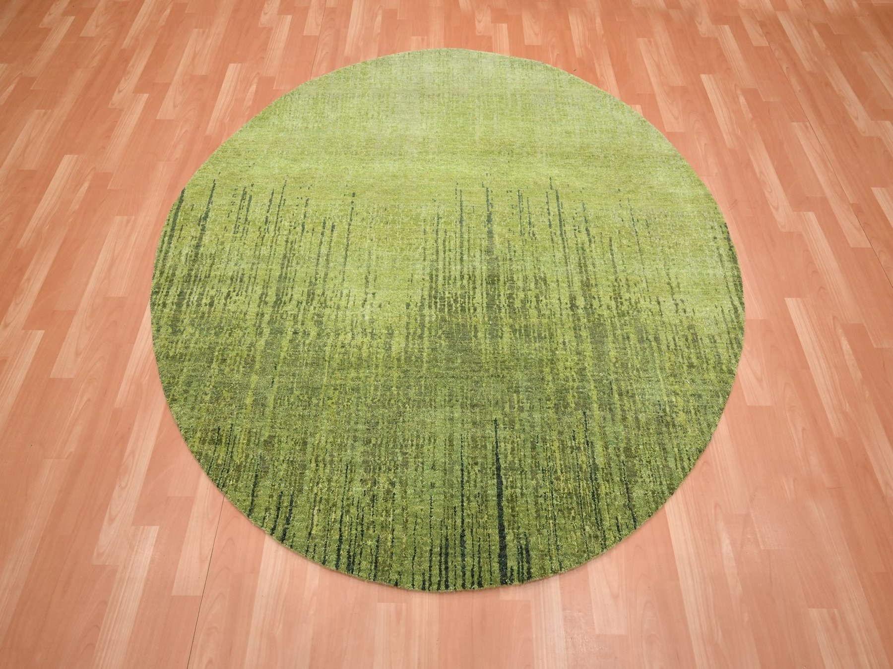 6'2"x6'2" Pickle Green, Hand Knotted, Vertical Ombre Design, Densely Woven, Soft and Vibrant Wool, Round, Oriental Rug HR75859 - Image 2